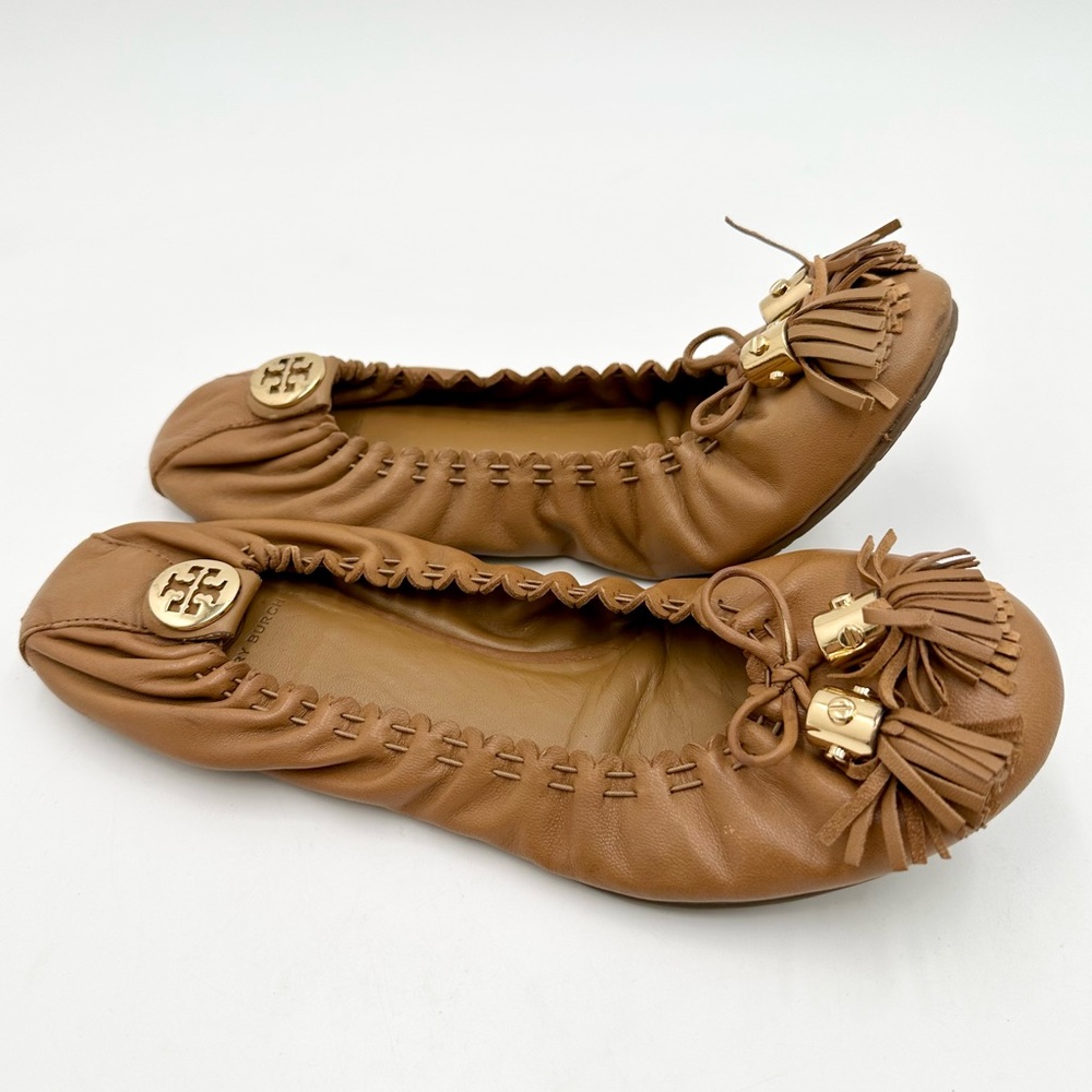 Tory Burch Reese Mestico Royal Tan Leather Ballet Flats Gold Accents Tassels